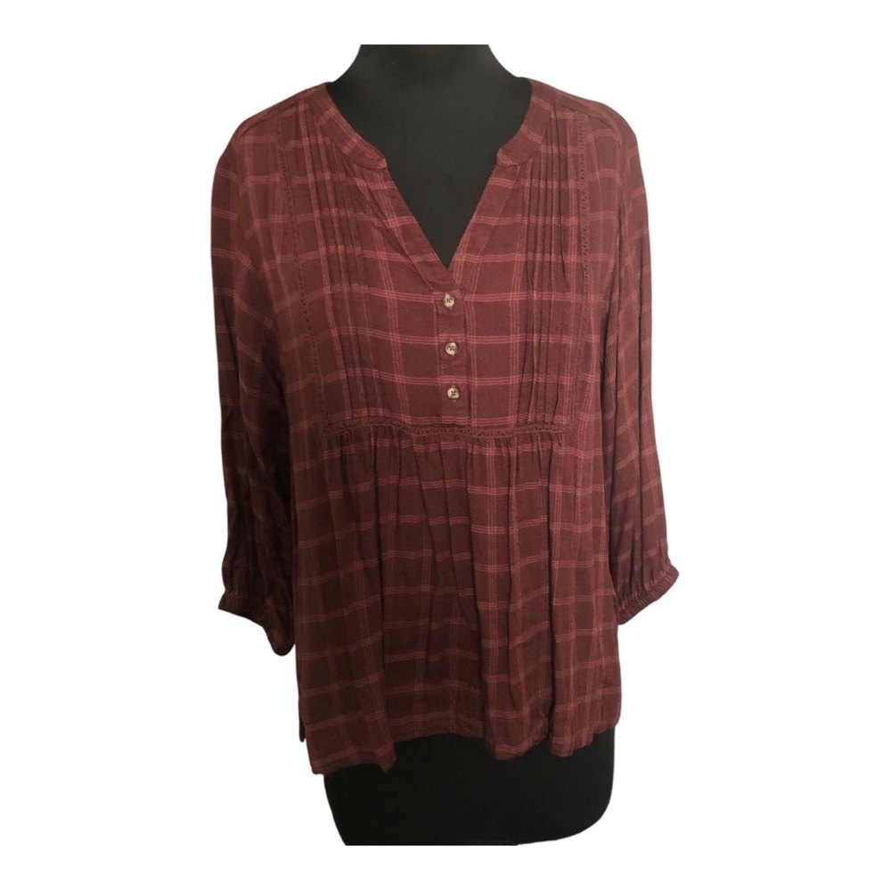 Wrangler Burgundy Plaid Women's Top Pintuck Front Size L